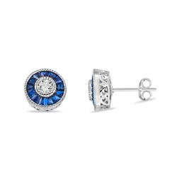 Sapphire-blue Baguette CZ Round Sterling Stud Earrings